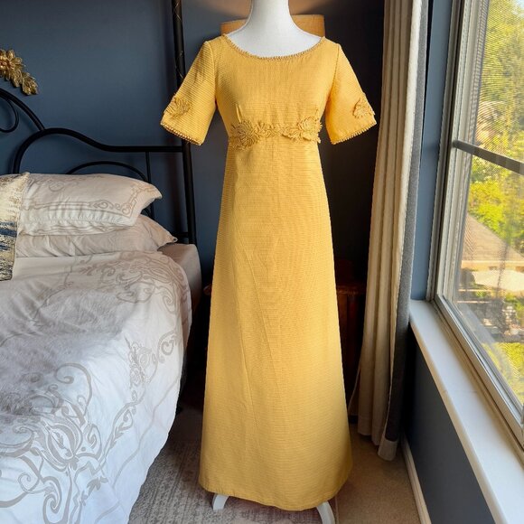 Vintage 60s Regency Neoclassical Empire Waist Mustard Maxi Dress - Picture 1 of 11
